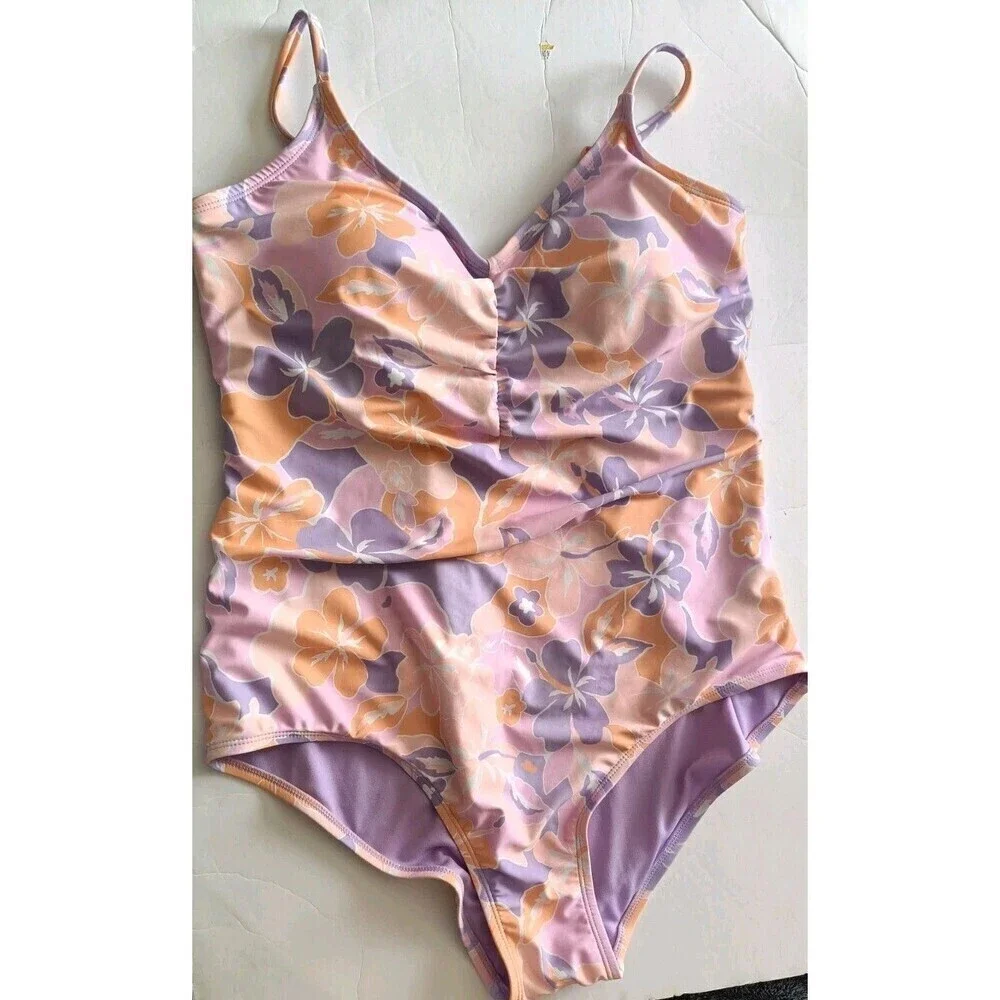 Ninety Nine One Piece Swimsuit Size 1X Purple Floral Print Ruched Resort Pool